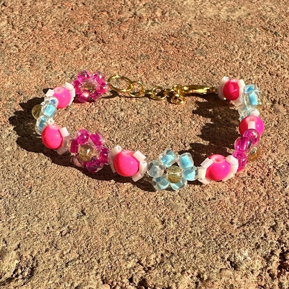 Pink & Blue Floral Glass Bracelet w Adjustable Gold Accents